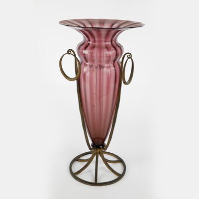 Vaso in Vetro Color Viola Fumè Entro Struttura in Ferro
