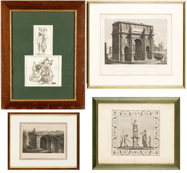 Lot of 4 engravings depicting monuments of Rome