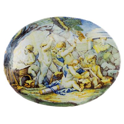 Amorini Entro Paesaggio con Rovine, Placca in Maiolica Policroma