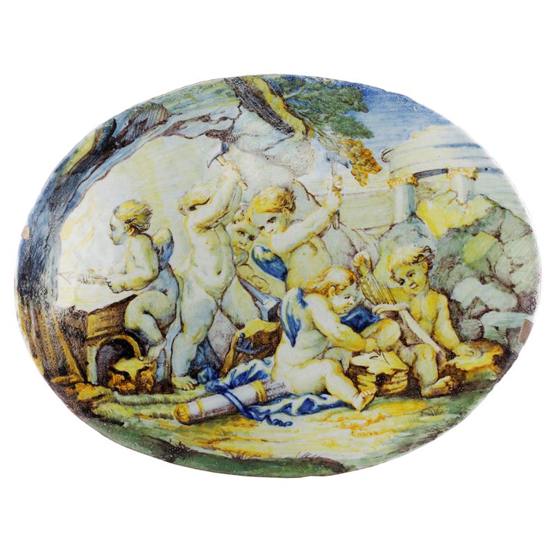 Bartolomeo Terchi - Amorini Entro Paesaggio con Rovine, Placca in Maiolica Policroma
