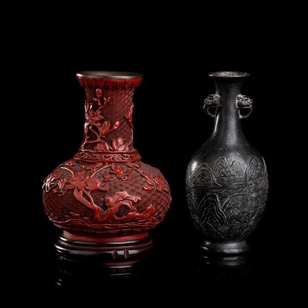 A BRONZE VASE AND A LACQUER VASE