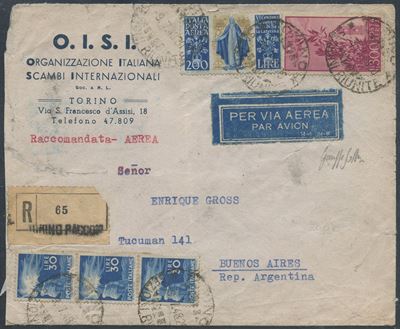 Cartolina postale, 09.07.1948 (Torino–Argentina) con affrancatura da 590 Lire