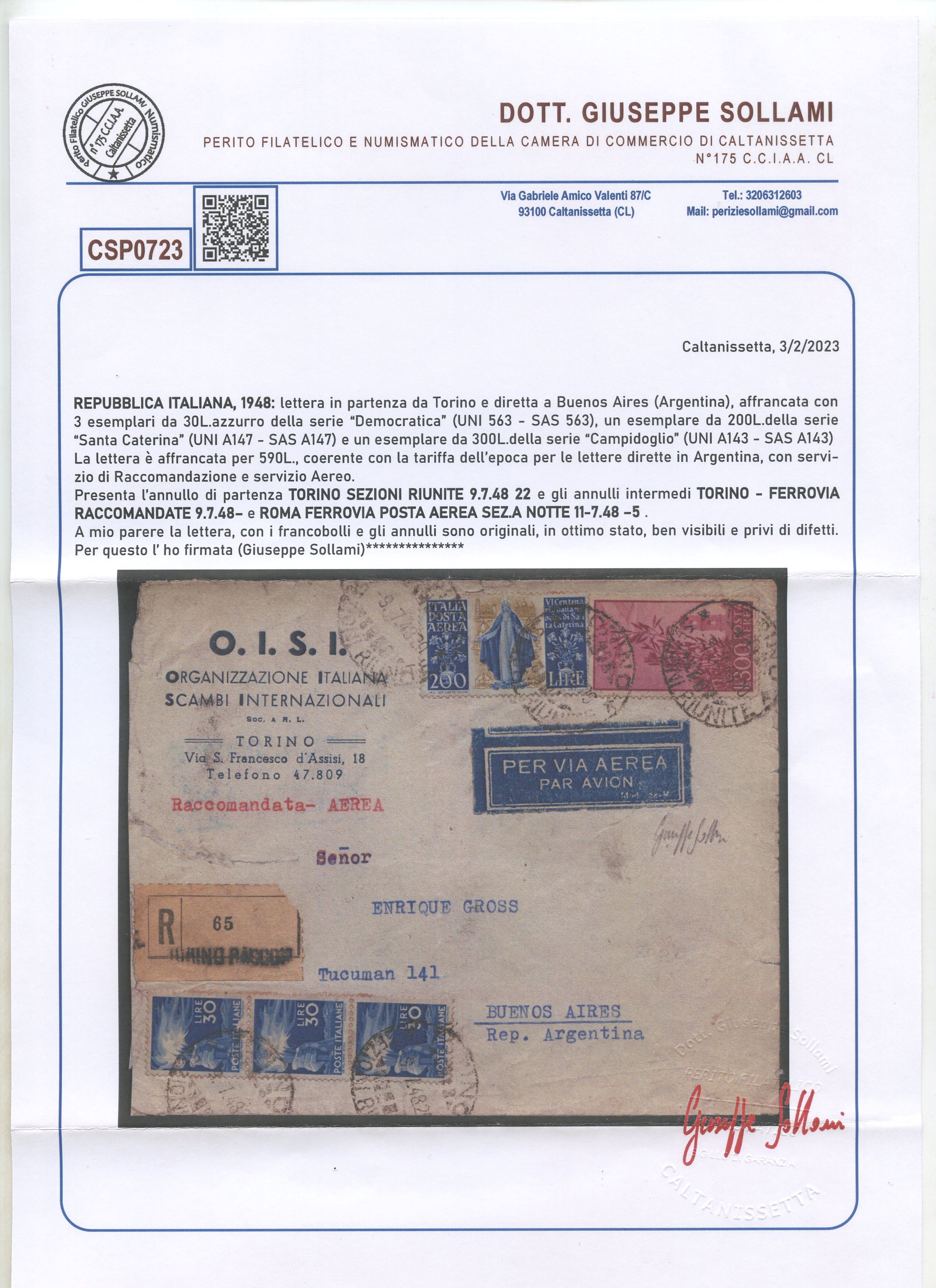 Cartolina postale, 09.07.1948 (Torino–Argentina) con affrancatura da 590 Lire