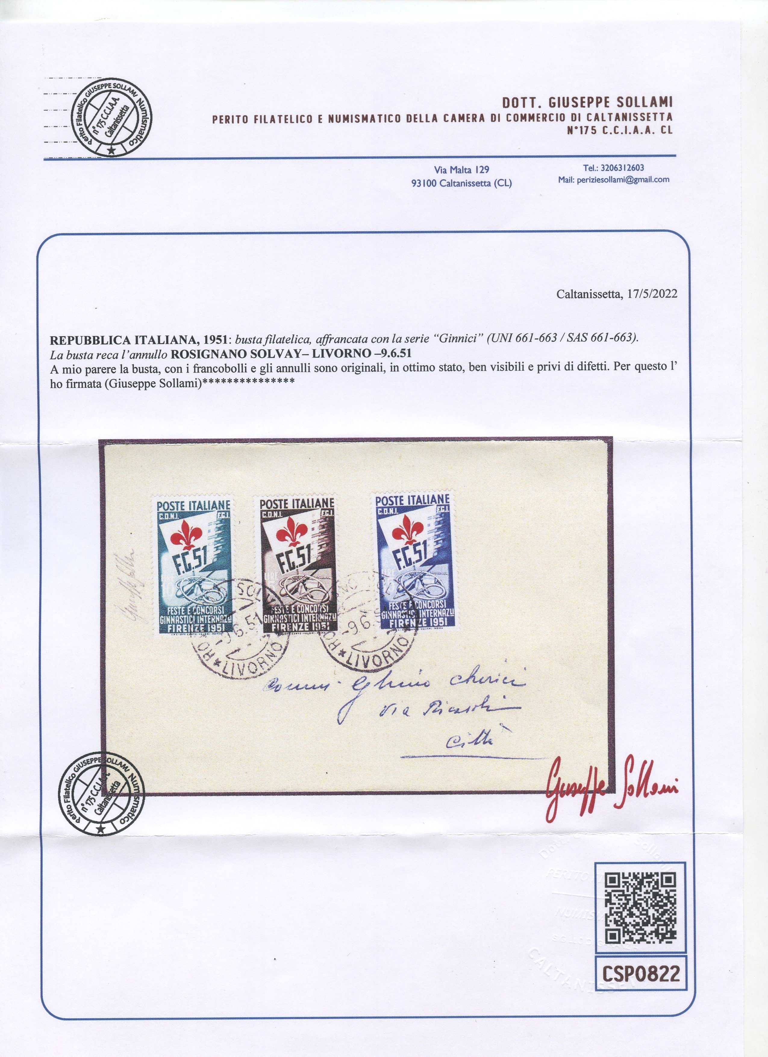 Repubblica, francobolli del 1951 (ginnici) su lettera non inoltrata