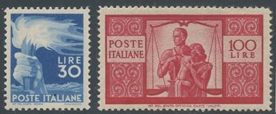 Francobolli della Repubblica Italiana, 1945 – Democratica n. 563 e 565 (nuovi con gomma integra) ...