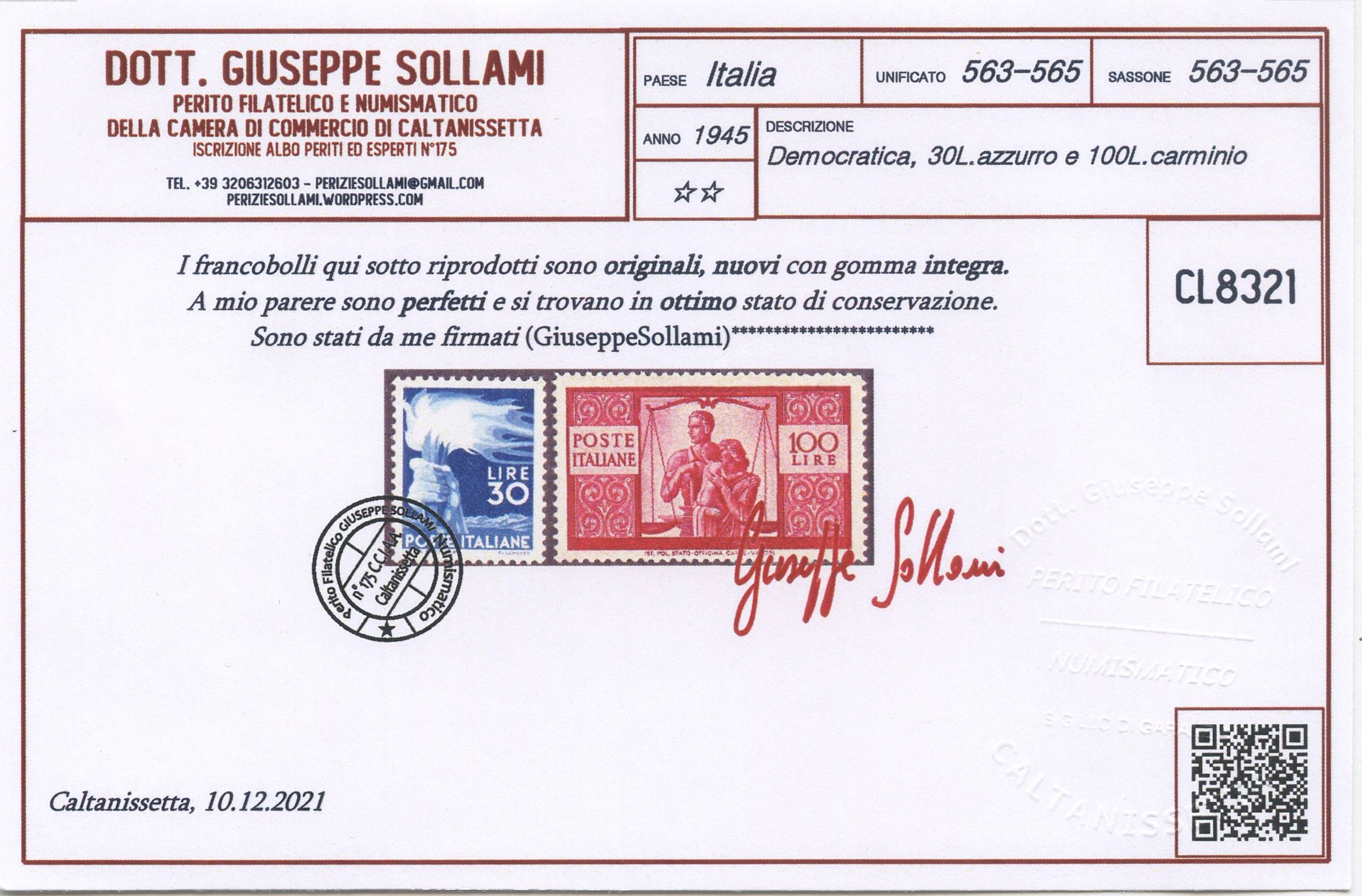 Francobolli della Repubblica Italiana, 1945 – Democratica n. 563 e 565 (nuovi con gomma integra) ...