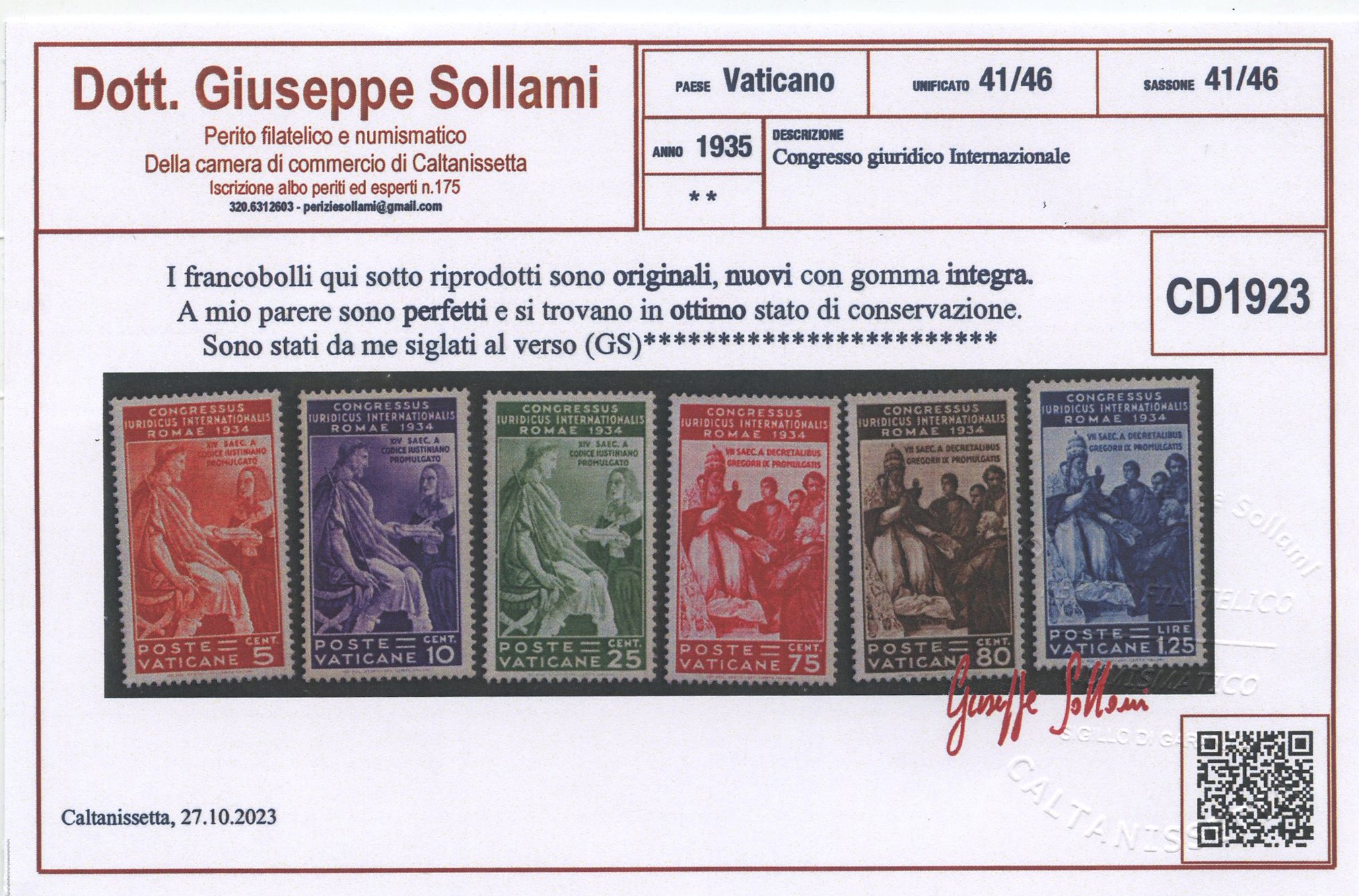Certificato Sollami, Vaticano, 1935 — Congresso Giuridico n. 41/46, francobolli con gomma integra