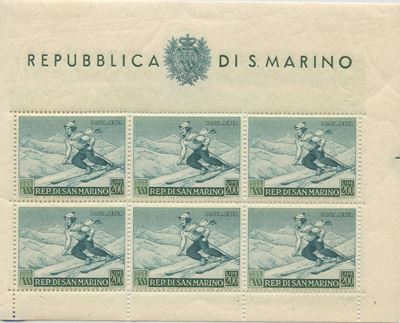 Francobollo, San Marino, Foglietto sciatrice (BF. 15), nuovo con gomma, linguellato