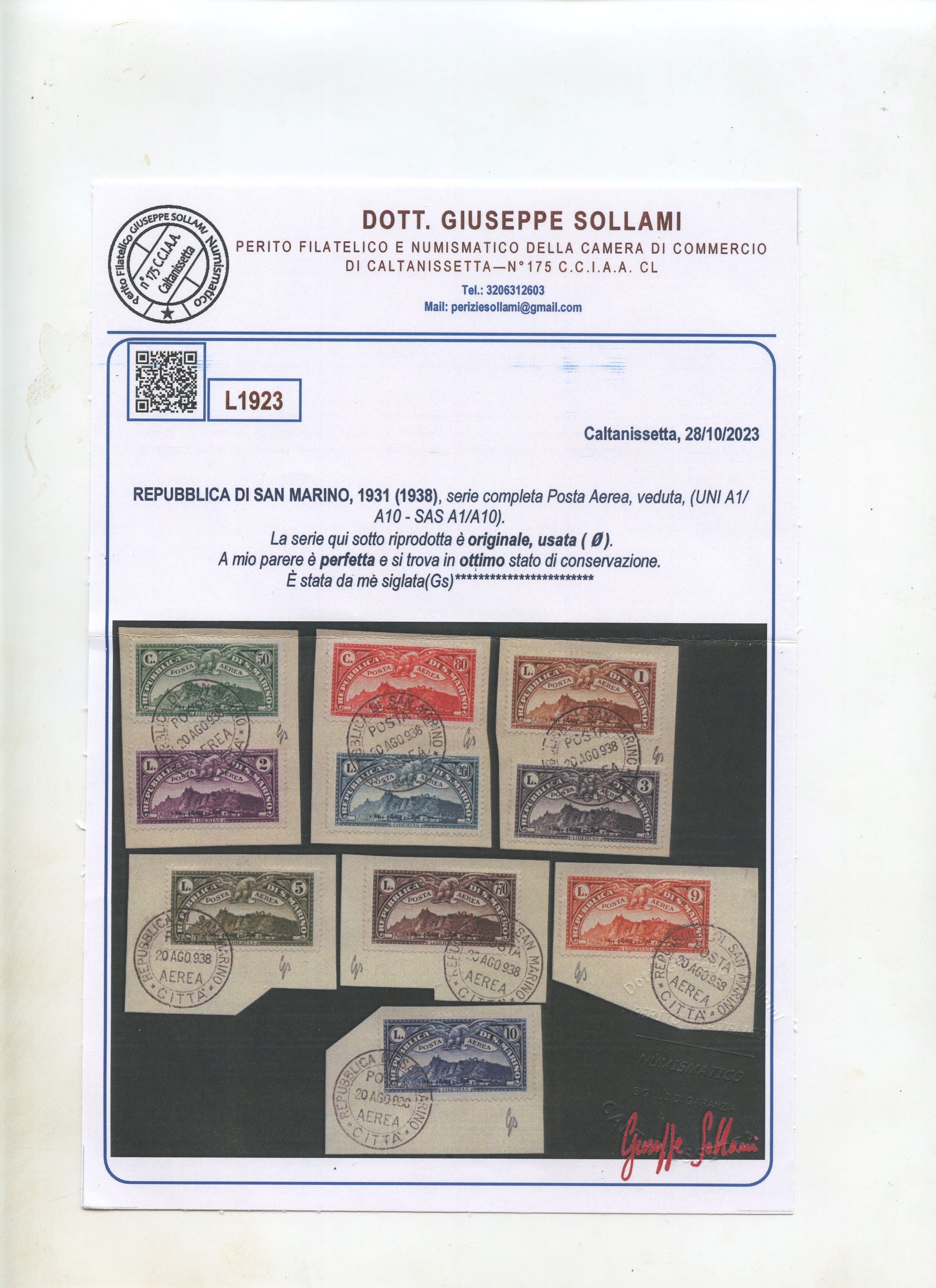 Certificato Sollami, San Marino, Serie aerea 1931 — Veduta n. 1/10 (serie completa)