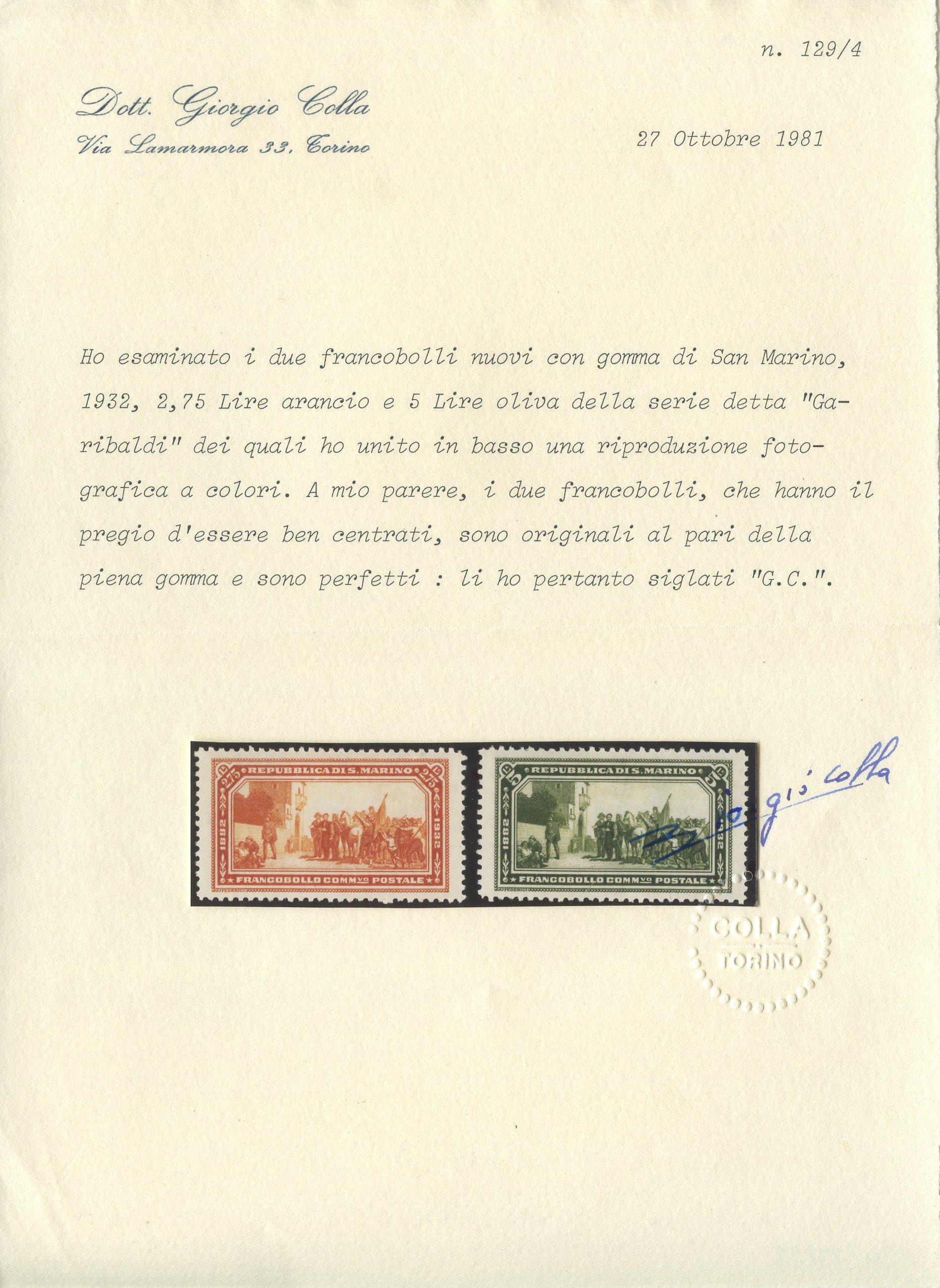 Collezione di francobolli San Marino, 1932, Garibaldi, nuova con gomma, linguellati