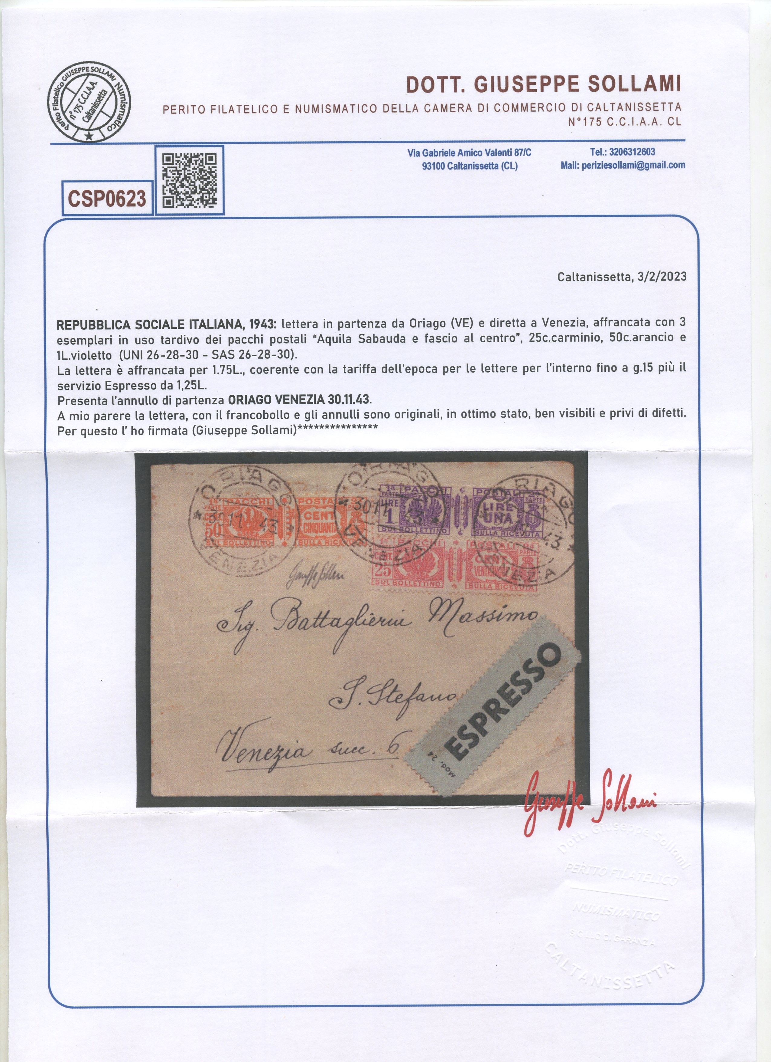 Certificato Sollami, Regno: busta postale da Oriago per Venezia con affrancatura per 1,75 Lire