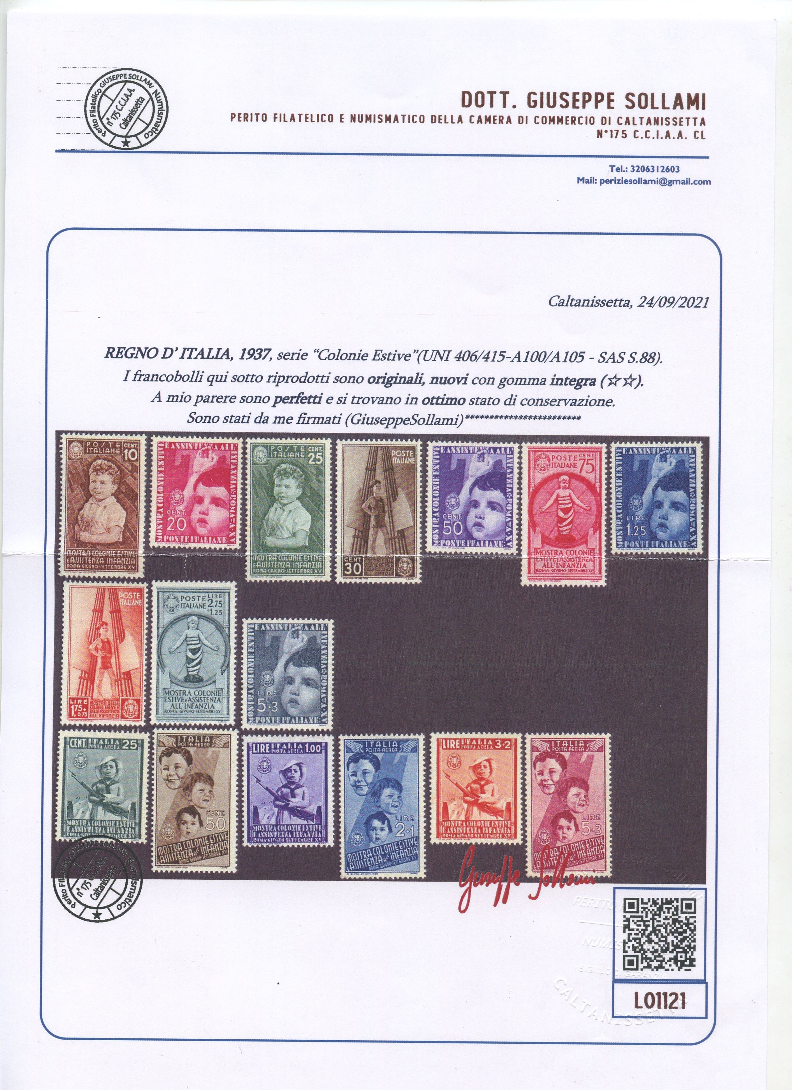 Francobolli, Colonie Estive n. 406/415 e P.A. n. A100/105 (1937) nuova con gomma integra, certifi...
