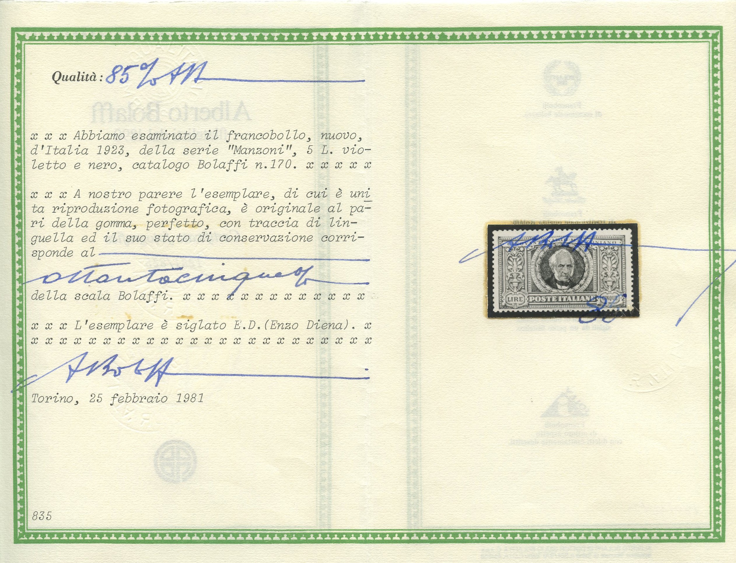 Mnazoni, Regno (serie n. 151/156), 1923: francobolli nuovi con gomma, linguellati, con certificaz...