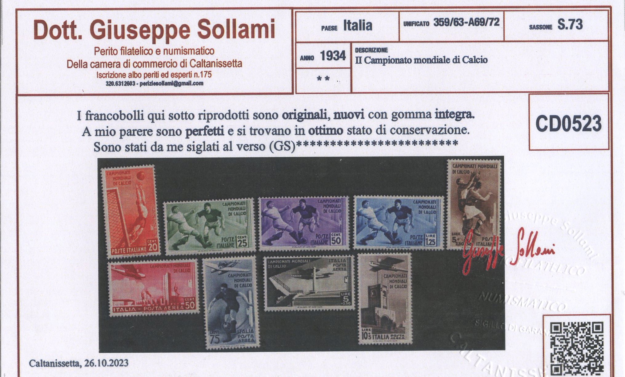 Collezione di francobolli, Serie Mondiali di Calcio (nn. 357/361) + P.A. (nn. A69/72), 1934