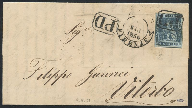 Lettera dalla Toscana, 1856, affrancatura con 6 centesimi azzurro su grigio (n. 7d, LUX)