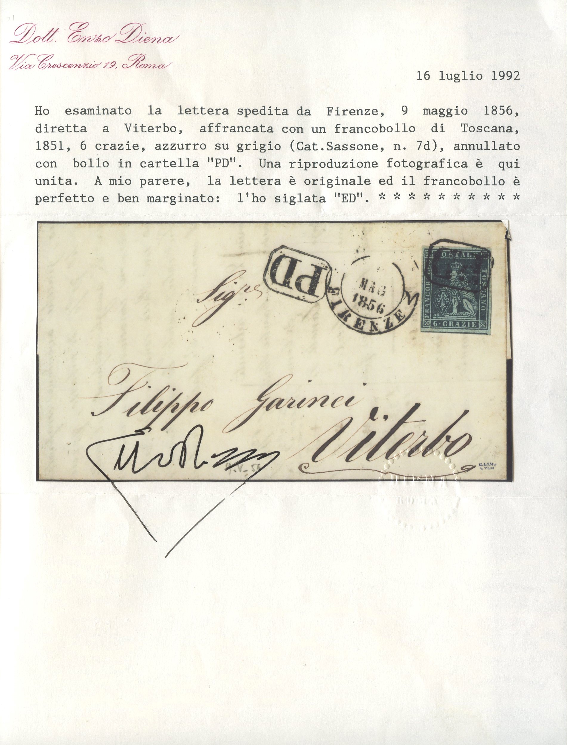Lettera dalla Toscana, 1856, affrancatura con 6 centesimi azzurro su grigio (n. 7d, LUX)