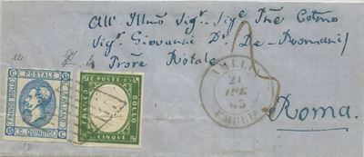Emissioni di Sardegna e Regno d’Italia, Lettera postale del 21.04.1863 per Roma affrancata