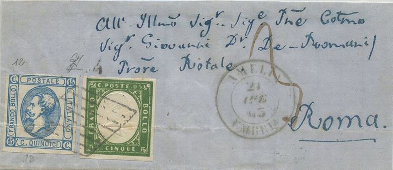 Emissioni di Sardegna e Regno d’Italia, Lettera postale del 21.04.1863 per Roma affrancata