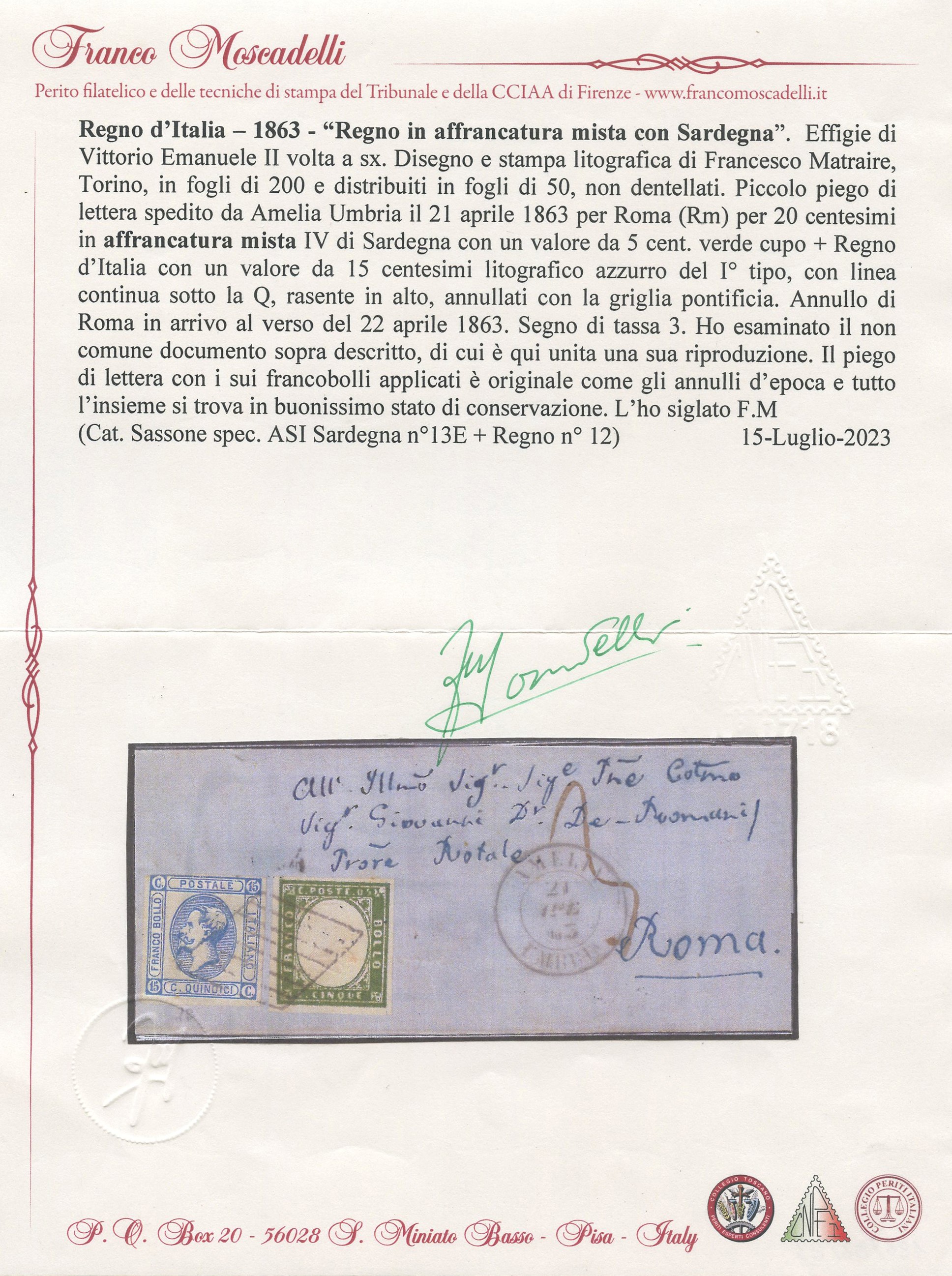 Emissioni di Sardegna e Regno d’Italia, Lettera postale del 21.04.1863 per Roma affrancata