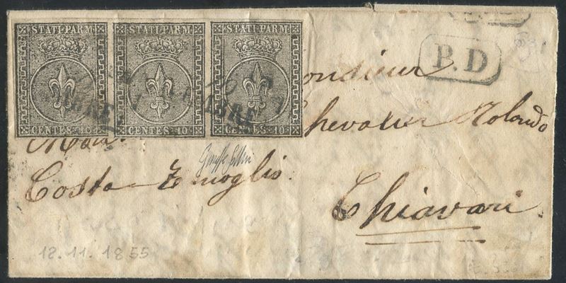 Datata 10 novembre 1855, Lettera per Chiavari affrancata con striscia di tre francobolli da 10 ce...