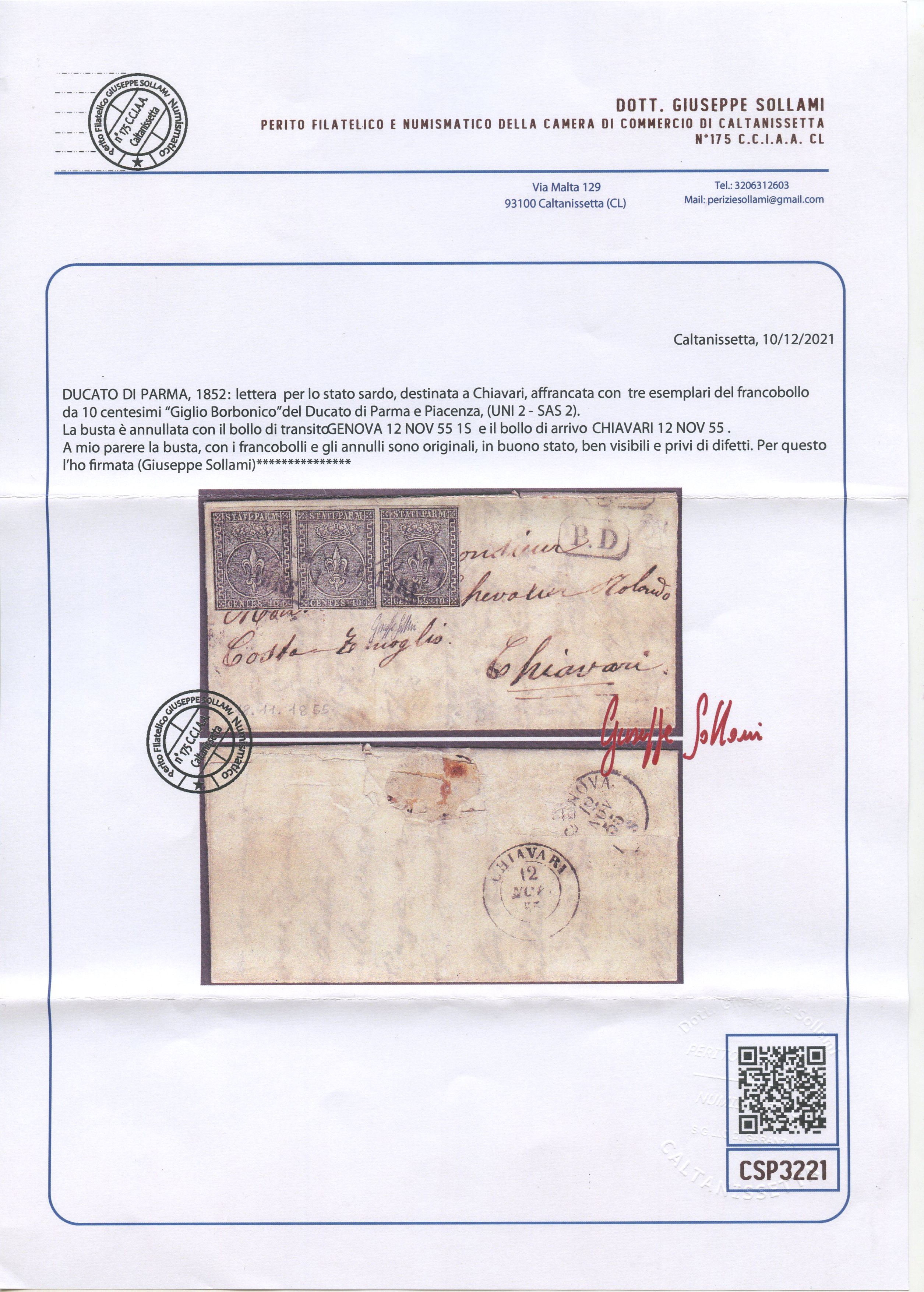Datata 10 novembre 1855, Lettera per Chiavari affrancata con striscia di tre francobolli da 10 ce...