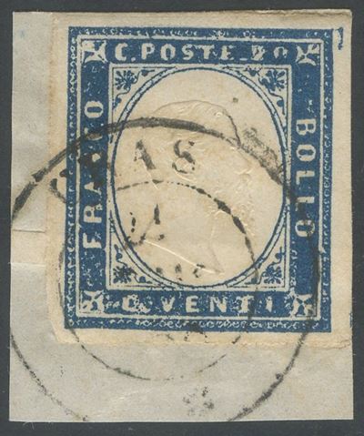 Certificato Manzoni, 1858 — 20 c. azzurro oltremare scuro (n. 15Aa) annullato “DC di URAS” su fra...
