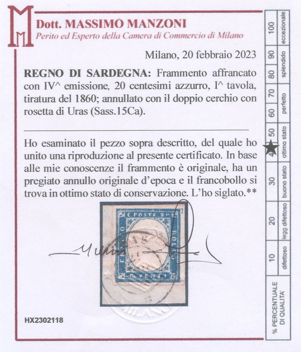Certificato Manzoni, 1858 — 20 c. azzurro oltremare scuro (n. 15Aa) annullato “DC di URAS” su fra...