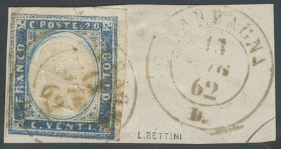 Francobollo Sardegna, IV Emissione, 20 centesimi celesti (n. 15), 1862