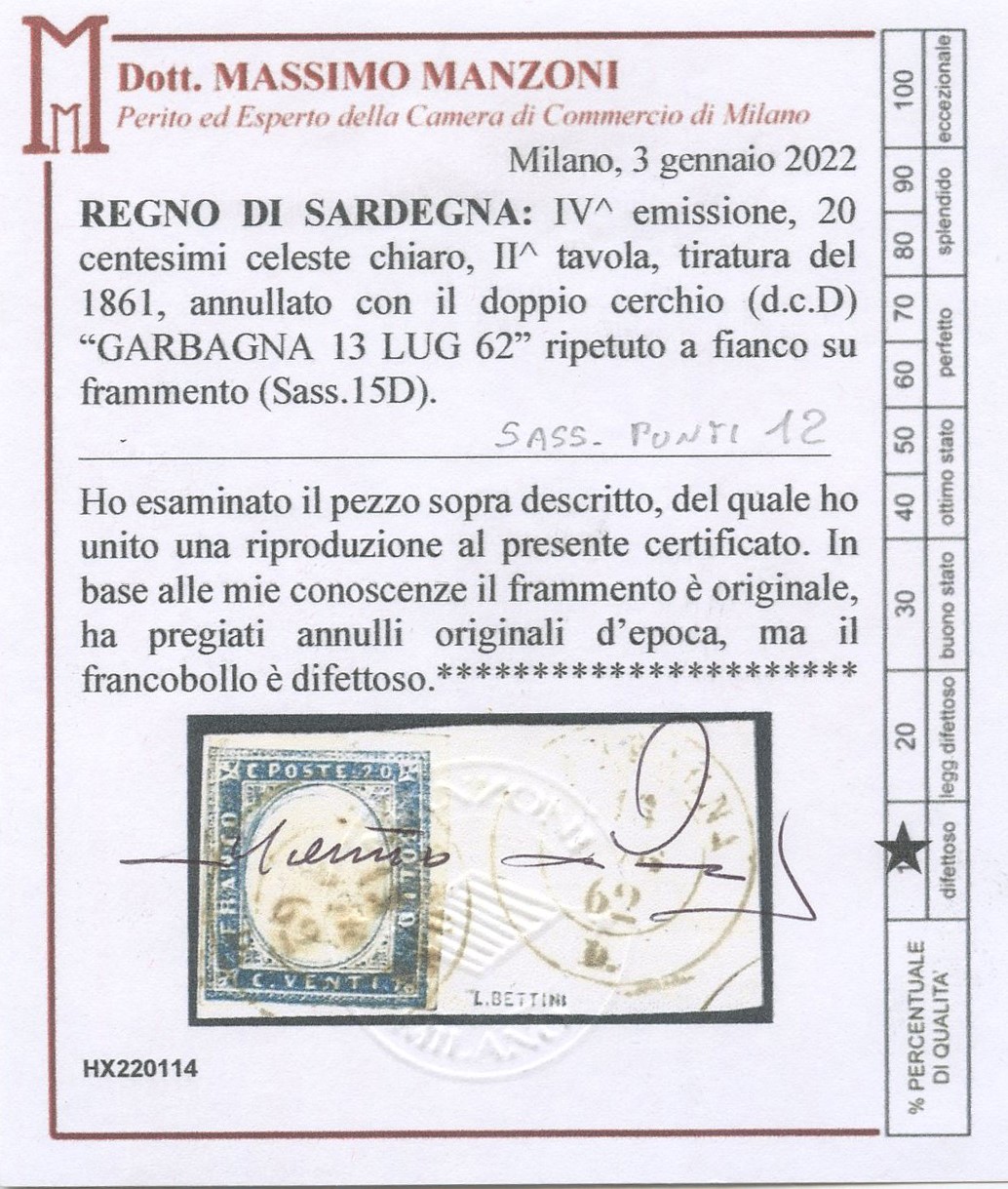 Francobollo Sardegna, IV Emissione, 20 centesimi celesti (n. 15), 1862