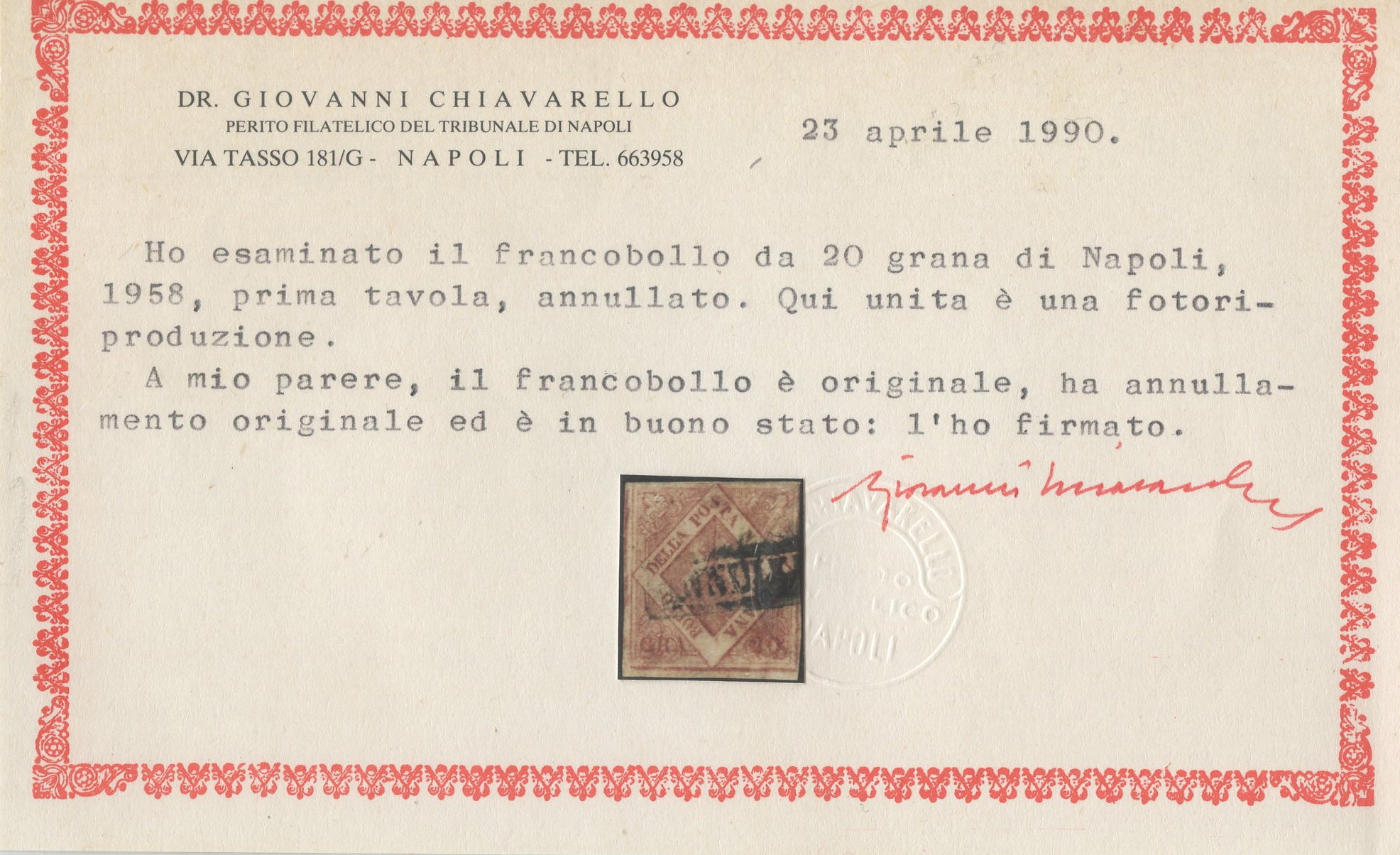 Chiavarello, 1858 Napoli – 20 gr. rosa brunastro (n. 12), certificato