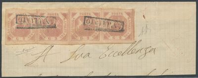 Alberto Diena, Napoli (1868), due grana rosa brunastro, III tavola n. 7, su frammento di lettera ...