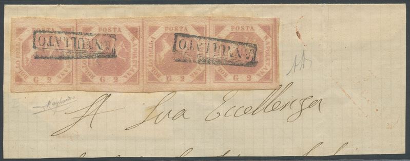 Alberto Diena, Napoli (1868), due grana rosa brunastro, III tavola n. 7, su frammento di lettera ...