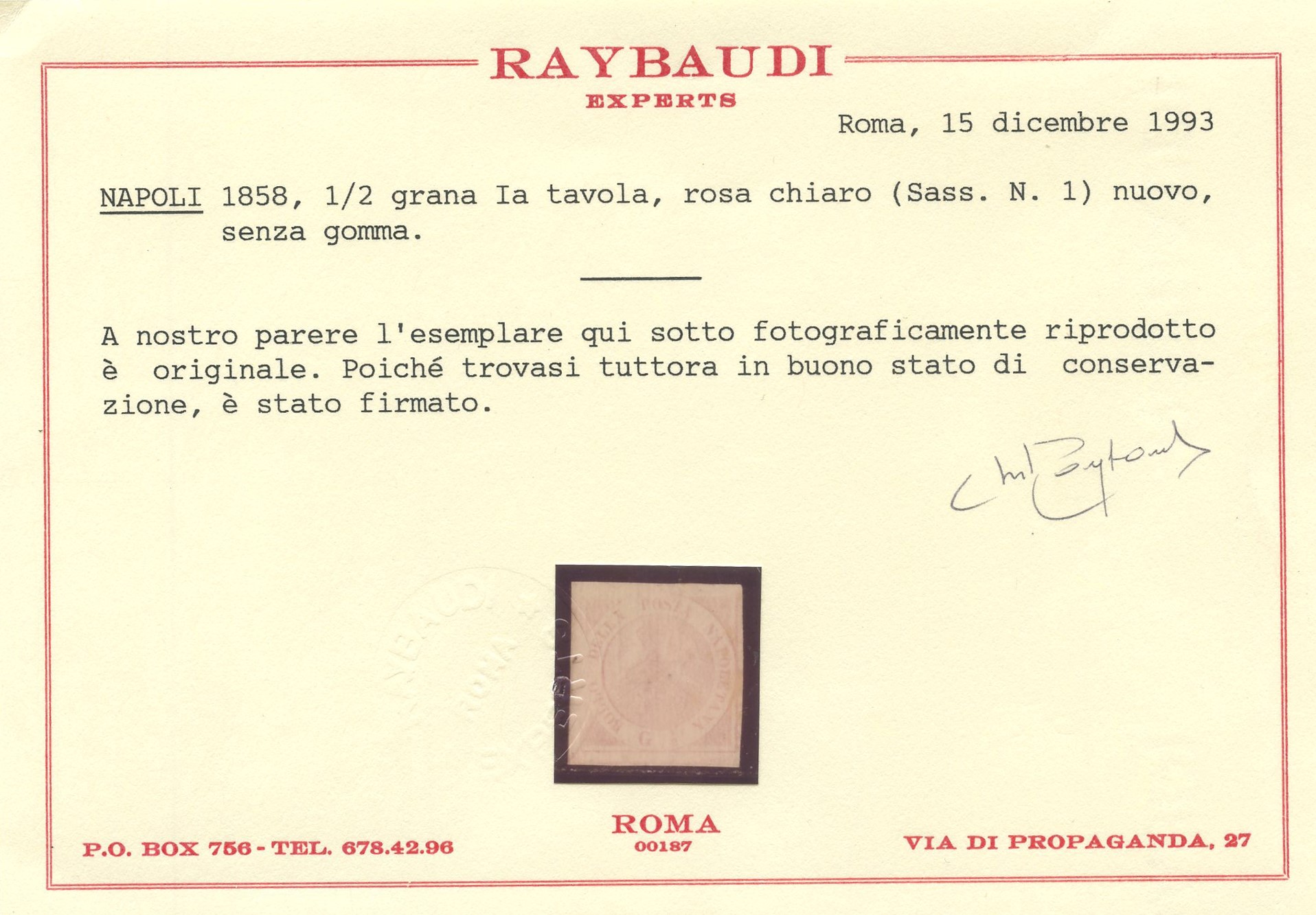 Raybaudi, 1/2 gr. rosa chiaro “Napoli” (francobollo, 1858)