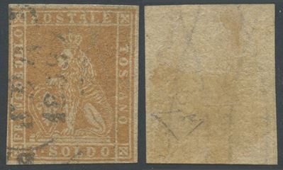 1857, 1 soldo ocra (Toscana) n. 11, filigrana a linee ondulate