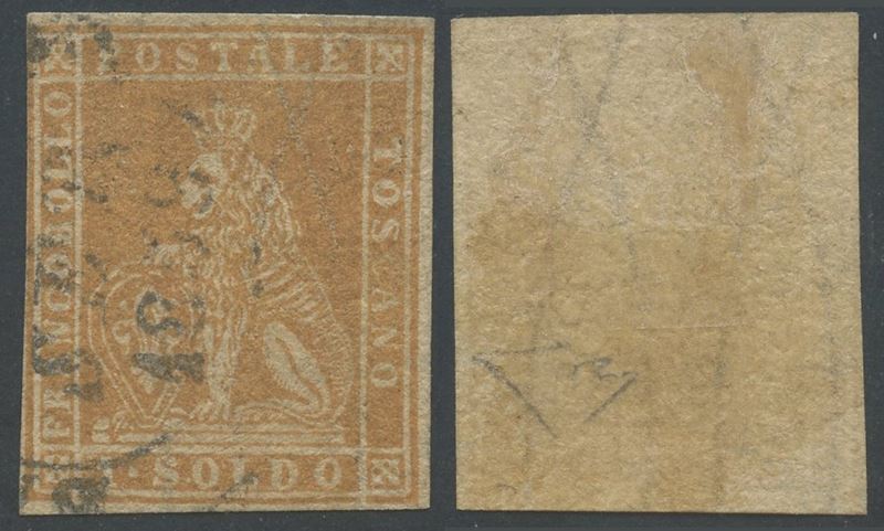 1857, 1 soldo ocra (Toscana) n. 11, filigrana a linee ondulate