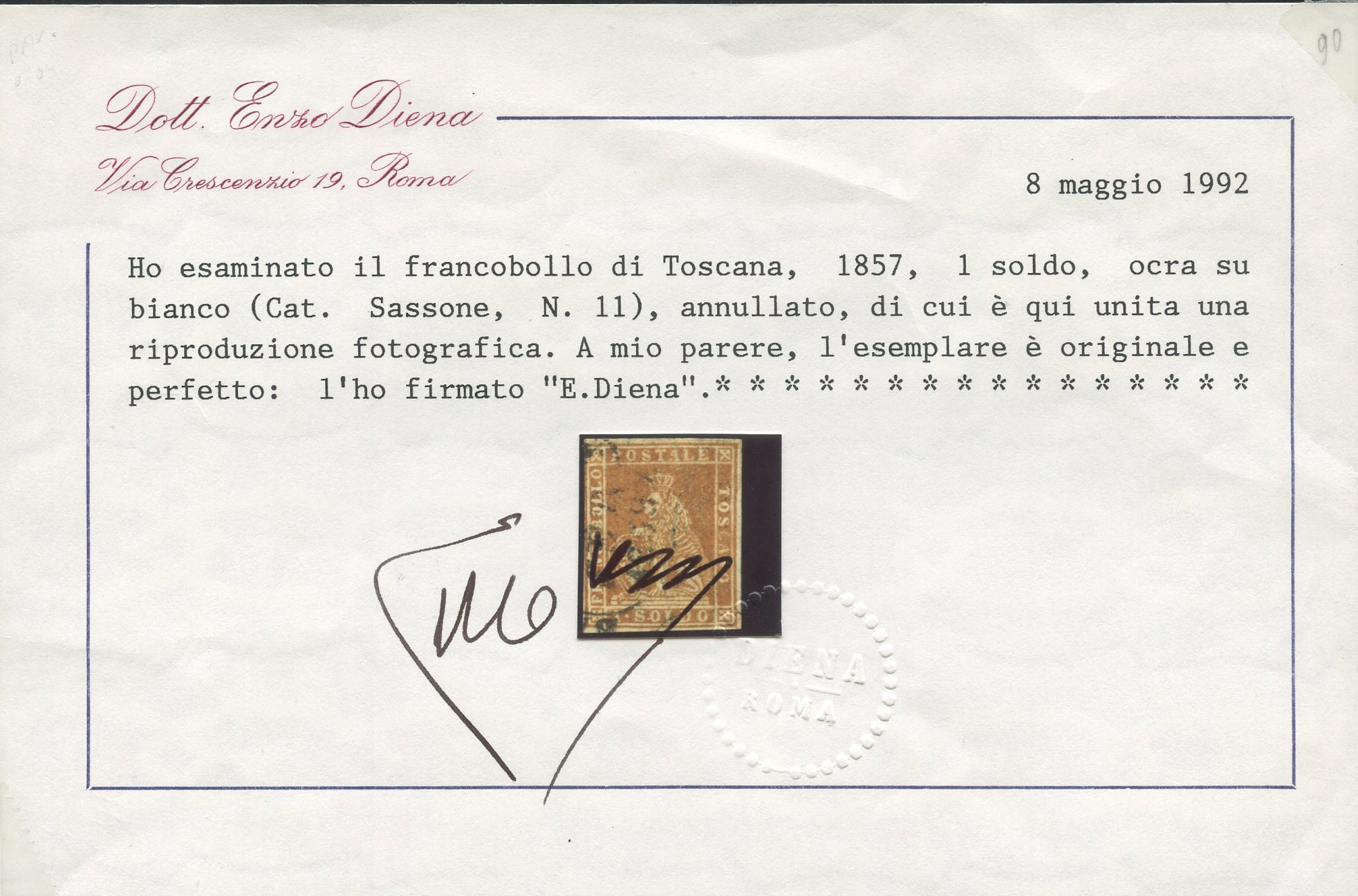 1857, 1 soldo ocra (Toscana) n. 11, filigrana a linee ondulate