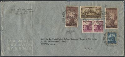 Repubblica, Storia postale: busta affrancata 28.06.1949 (Milano–Peoria) con 100 L. Repubblica Rom...
