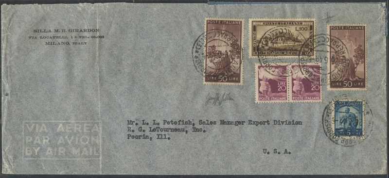 Repubblica, Storia postale: busta affrancata 28.06.1949 (Milano–Peoria) con 100 L. Repubblica Rom...