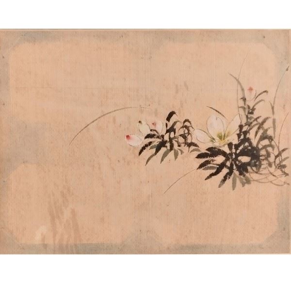 A INK AND COLORS PAINTING ON SILK WITH A FLORAL COMPOSITION