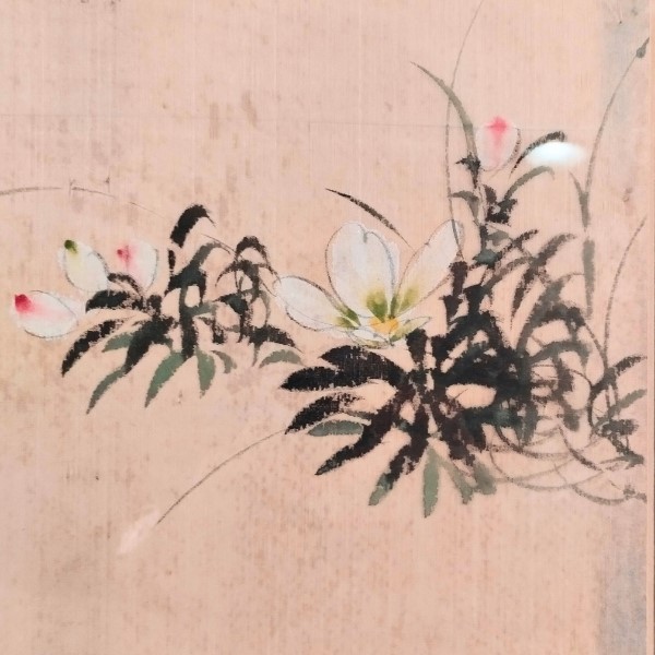 Dipinto a Inchiostro e Colori su Seta con Composizione Floreale