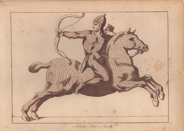 SOLDATO PARTO A CAVALLO  (disegno del XIX sec.)  - Asta Opere su carta. Stampe, disegni, foto d'epoca - Bertolami Fine Art - Casa d'Aste