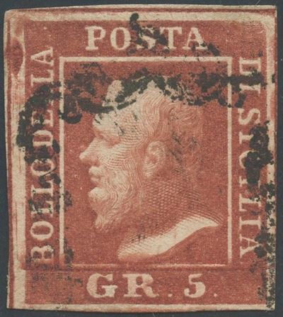 Certificato da Alberto Diena, Sicilia (1859) – 5 grana rosa mattone, n. 9f, usato