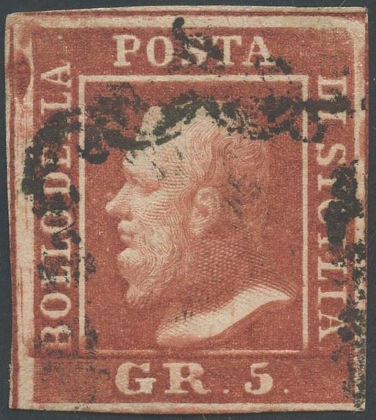 Certificato da Alberto Diena, Sicilia (1859) – 5 grana rosa mattone, n. 9f, usato