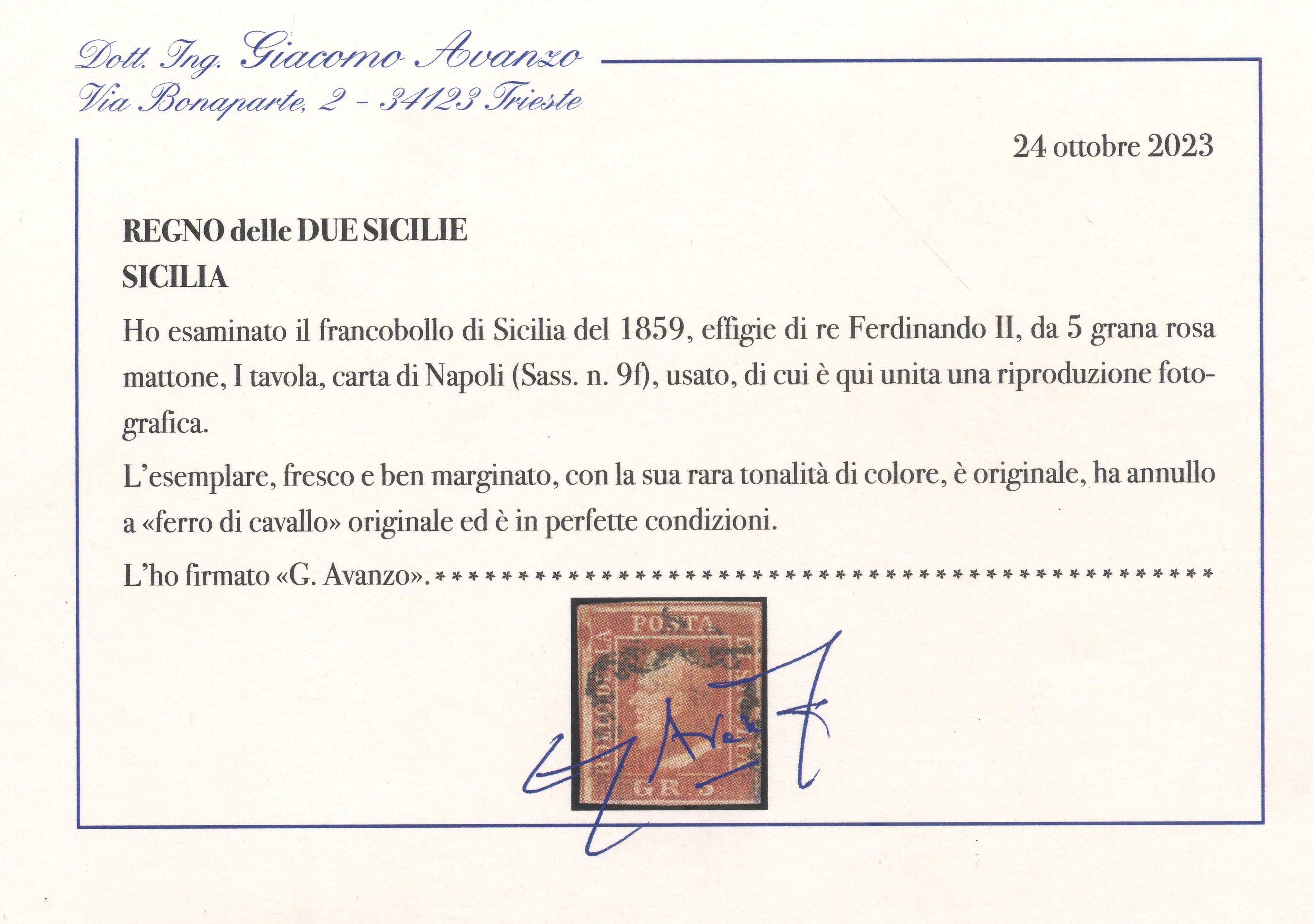 Certificato da Alberto Diena, Sicilia (1859) – 5 grana rosa mattone, n. 9f, usato