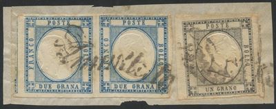 Prov. Napoletane, frammento con annullamenti a svolazzo (2 esemplari da 2 gr. e 1 esemplare da 1 ...