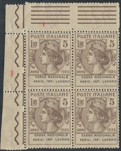Regno, «Cassa Nazionale Inf. Lavoro» 5 Lire Bruno (n. 23), blocco di quattro