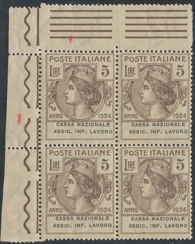 Regno, «Cassa Nazionale Inf. Lavoro» 5 Lire Bruno (n. 23), blocco di quattro