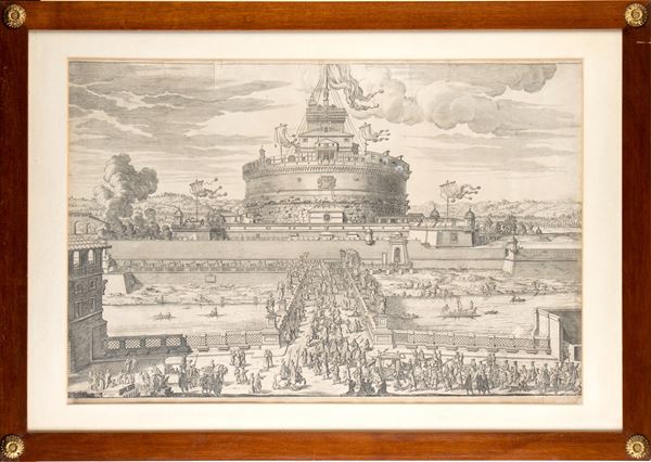 Giovanni Battista Falda - Veduta del Castello, e Ponte Sant'Angelo, abbellito, et adornato con le statue degli angeli da Papa Clemente IX