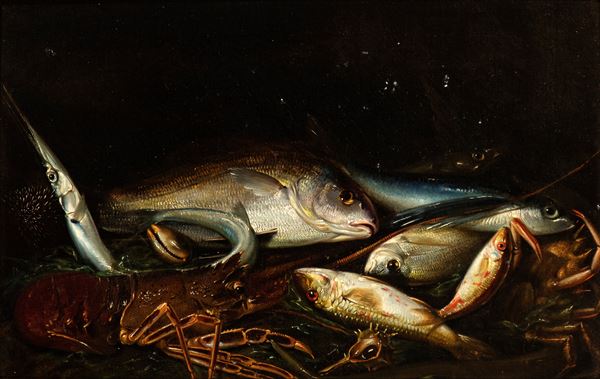 Artista napoletano, seconda met&#224; XVII secolo - Natura morta di pesci e crostacei