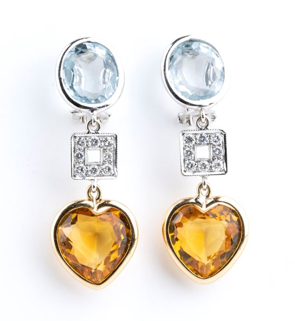 Diamond citrine quartz blue topaz drop gold earrings 